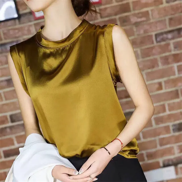Summer New Satin Vest Women O Neck Sleeveless Pullover Top Loose Inner Wear Elegant Bottoming Shirt All-match Trend 3 Color YELLOW