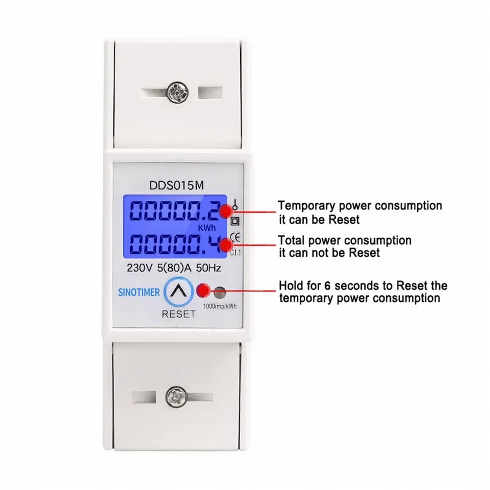 DIN Rail 5-80A AC 230V 50Hz Single Phase Wattmeter Power Consumption Watt Electric Energy Meter kWh with Reset Function