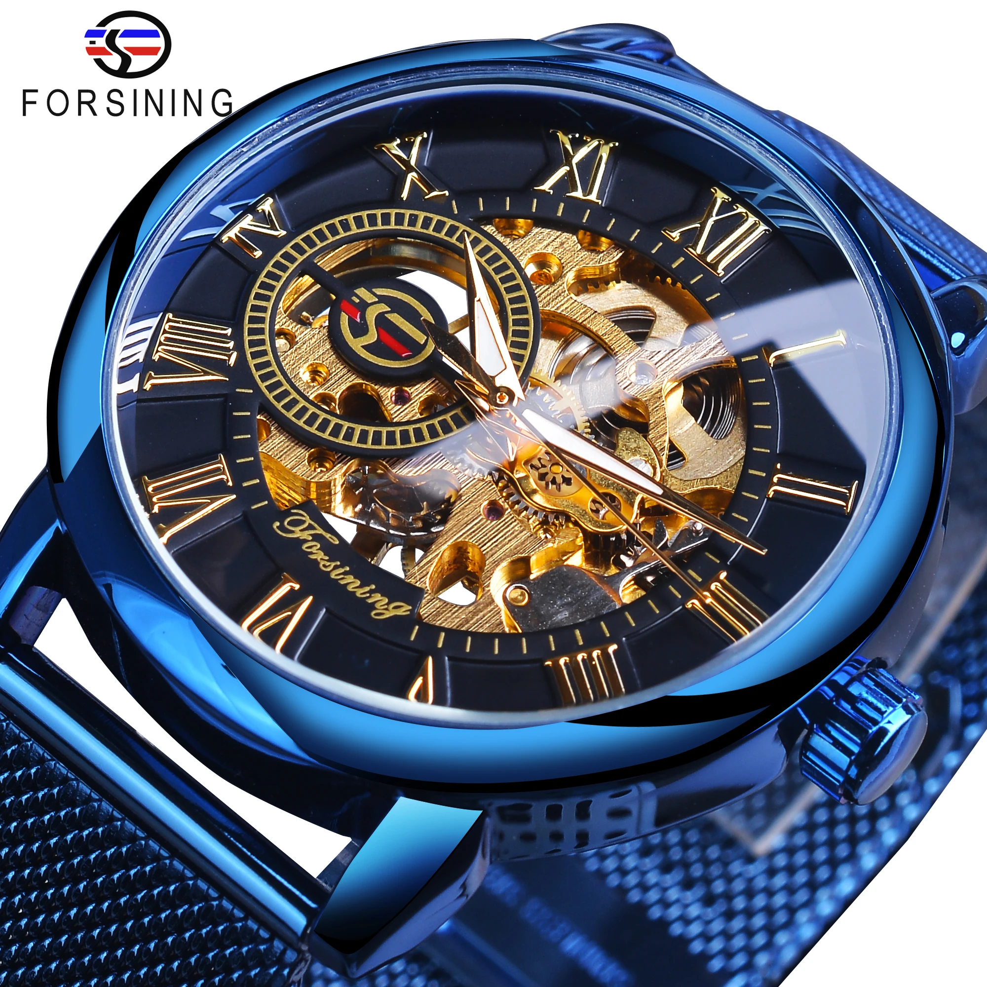 

Forsining 3D Skeleton Royal Retro Design Blue Steel Mesh Band Golden Movement Men Mechanical Male Wrist Watches Top Brand Luxury