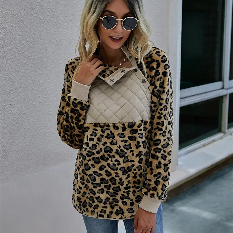 

2020 New Autumn Winter Patchwork Leopard Sweatshirts Fashion Long Sleeve Turtleneck Women Casual Snap Sweatshirt Pullovers Tops