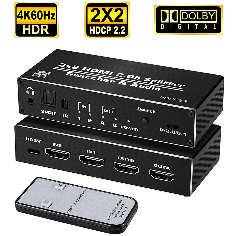 4K HDMI 2,0 переключатель 2 в 2 выход 4K@ 60 Гц, 2x2 HDMI коммутатор разветвитель с оптическим Toslink SPDIF и 3,5 мм разъем аудио экстрактор