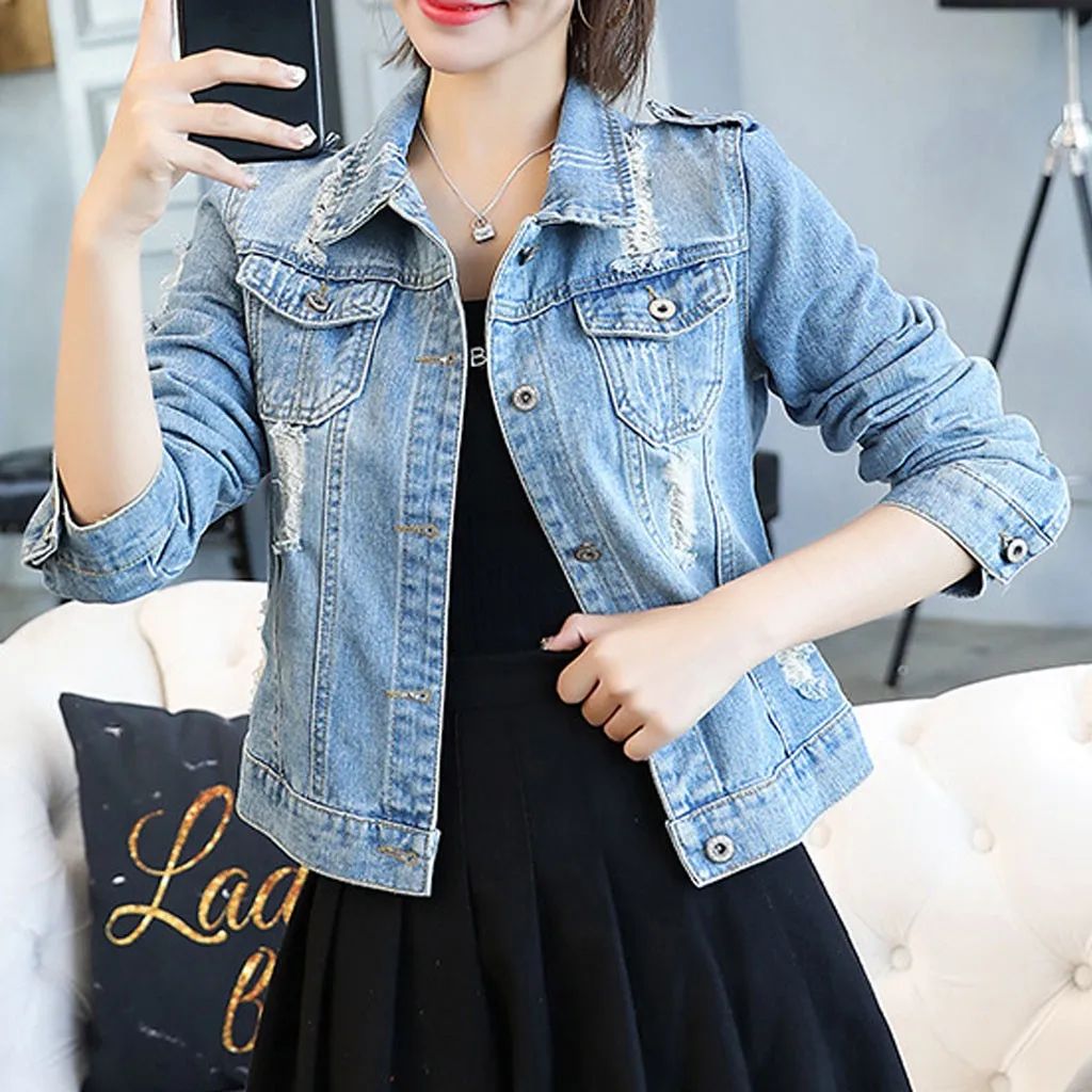 

Women Solid Turn-down Collar Jean Jacket Button Long Sleeve Ripped Pockets Denim Coat Loose Casual Blue Plus Size Overcoat
