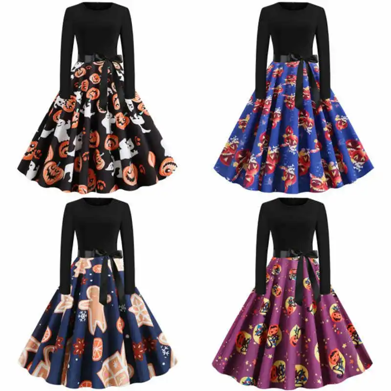 

Christmas Women Vintage Print Long Sleeve Dress Evening Party Swing Fashion