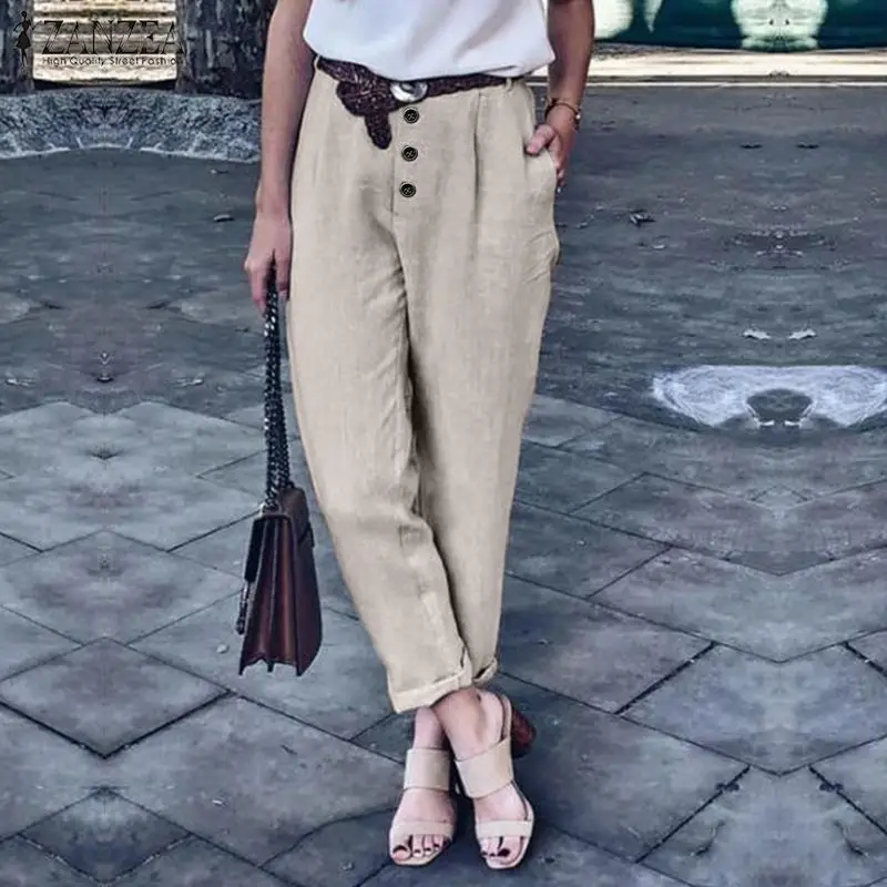 

2019 Plus Size ZANZEA Casual Buttons Trousers Women Elegant Solid Pockets Cotton Work Turnip Pantalons Long Pants Female Palazzo