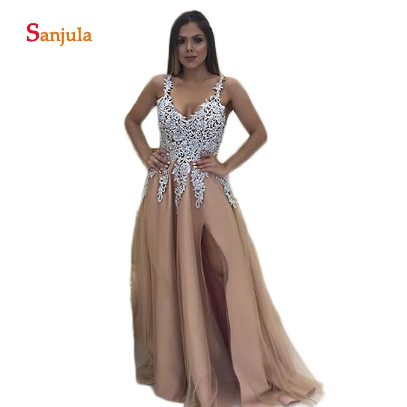 

Champagne Tulle A-Line Formal Prom Dresses Sweetheart Tank Appliques Top Beaded Elegant Women Dinner Party Dress Leg Slit D1452