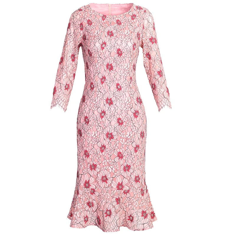 

Hot Sale Flower Embroidery Women Dress Fashion O-Neck Mermaid Dresses D1214