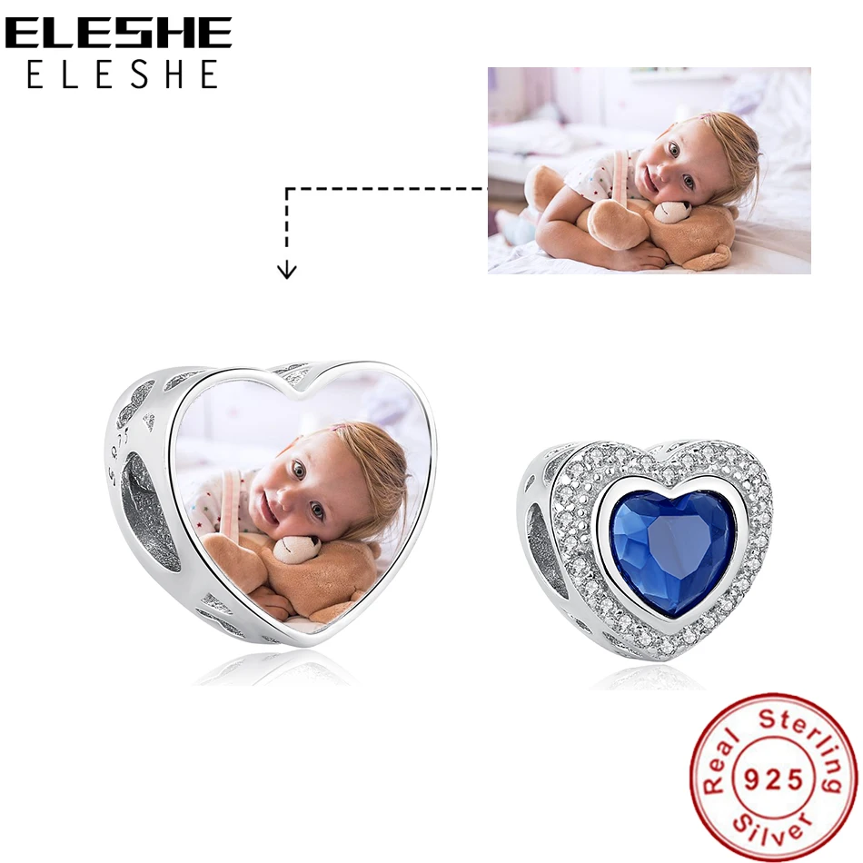 

ELESHE Authentic 925 Sterling Silver Bead Charm Customized Photo DIY Jewelry Night Blue Love Heart Charms fit Original Bracelet