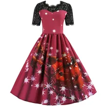 Vestidos Vintage de Año Nuevo para mujer de S-3xl, vestido de fiesta de retales de encaje con estampado de Santa Claus, Vestidos de Navidad para mujer