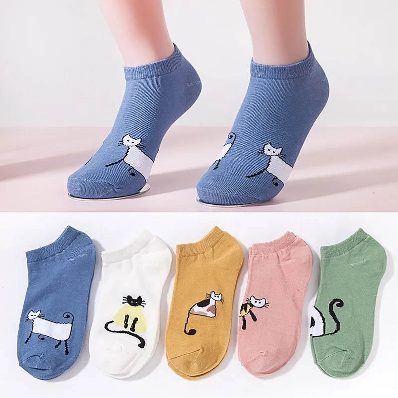5 пар/лот, милые носки с котом, Женские Короткие хлопковые носки, ботильоны, смешные носки Харадзюку, Femme, уличная одежда, calcetines medias