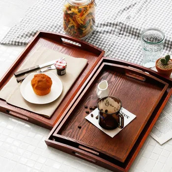

Retro Rectangle Wooden Serving Tray Breakfast Food Dinner Dessert Tea Plate Food Bamboo Kitchen Tool Decorative Tableware Tray