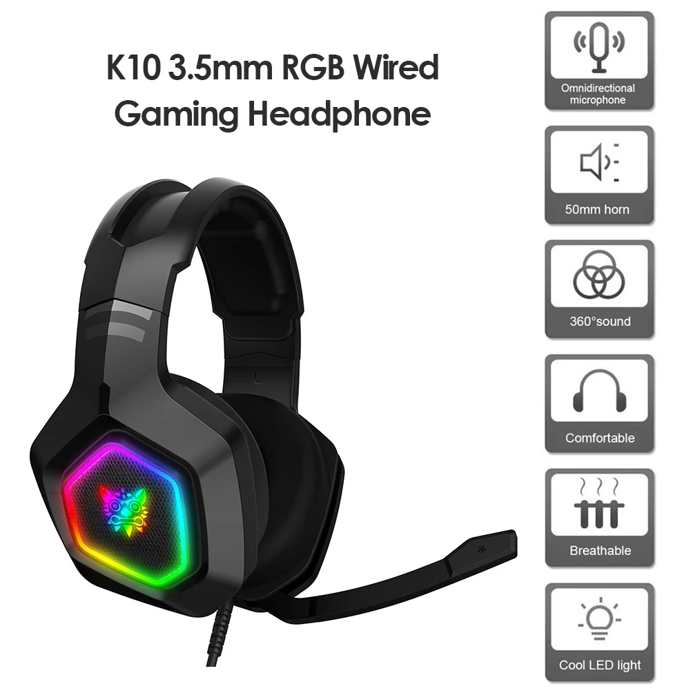 Wired Earphone HiFi Headphones K10 RGB Lighting Wired Headphone Computer PC Music Gaming 3 5mm Headset with Mic