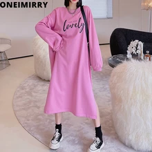 Fall Winte 2021 Pink Women Crewneck Sweatshirt Letter Printed Pocket Loose Long Oversized Hoodie Sweatshirts Female Pullovers