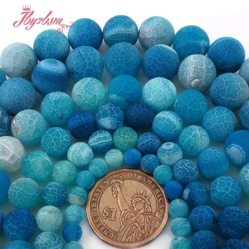 

6/8/10/12mm Natural Agates Blue Round Cracked Frost Matte Loose Stone Beads For DIY Necklace Bracelets Jewelry Making Strand 15"