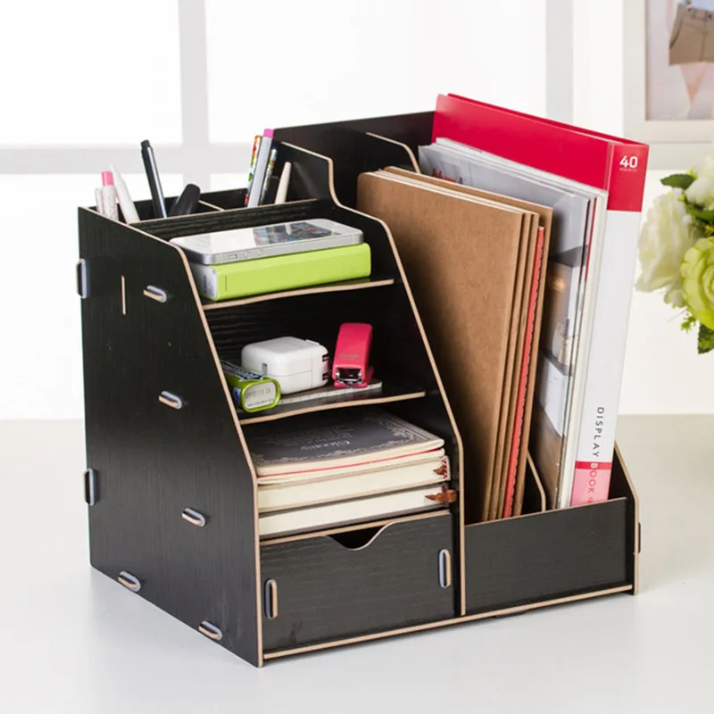 Black Простой DIY деревянный лоток для документов книжная полка многофункциональный ящик тип коробка для хранения ручка карандаш файл держатель офисный стол хранение чехол - Цвет: Black