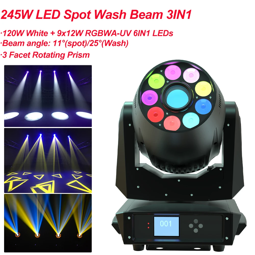 245W LED Spot Wash Beam 3IN1 Moving Head Light 3 Facet Rotating Prism Stage Light Good For Parties DJ Disco Wedding Decoration