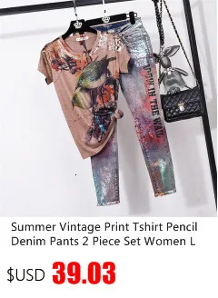 Vintage Print T Shirt Pencil Denim Pants Two Piece Set Women Summer Loose Bronzing Tee Tops Jeans 2pc Female Fashion Streetwear tracksuit for women