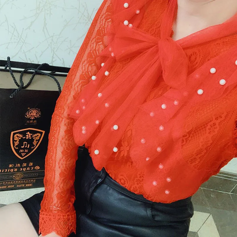 Spring Autumn Women Long Sleeve Blouse Tie Bow Hollow Out Lace Shirt Female Sweet Beading Mesh Blouses Short Bottom Tops AB1745 3