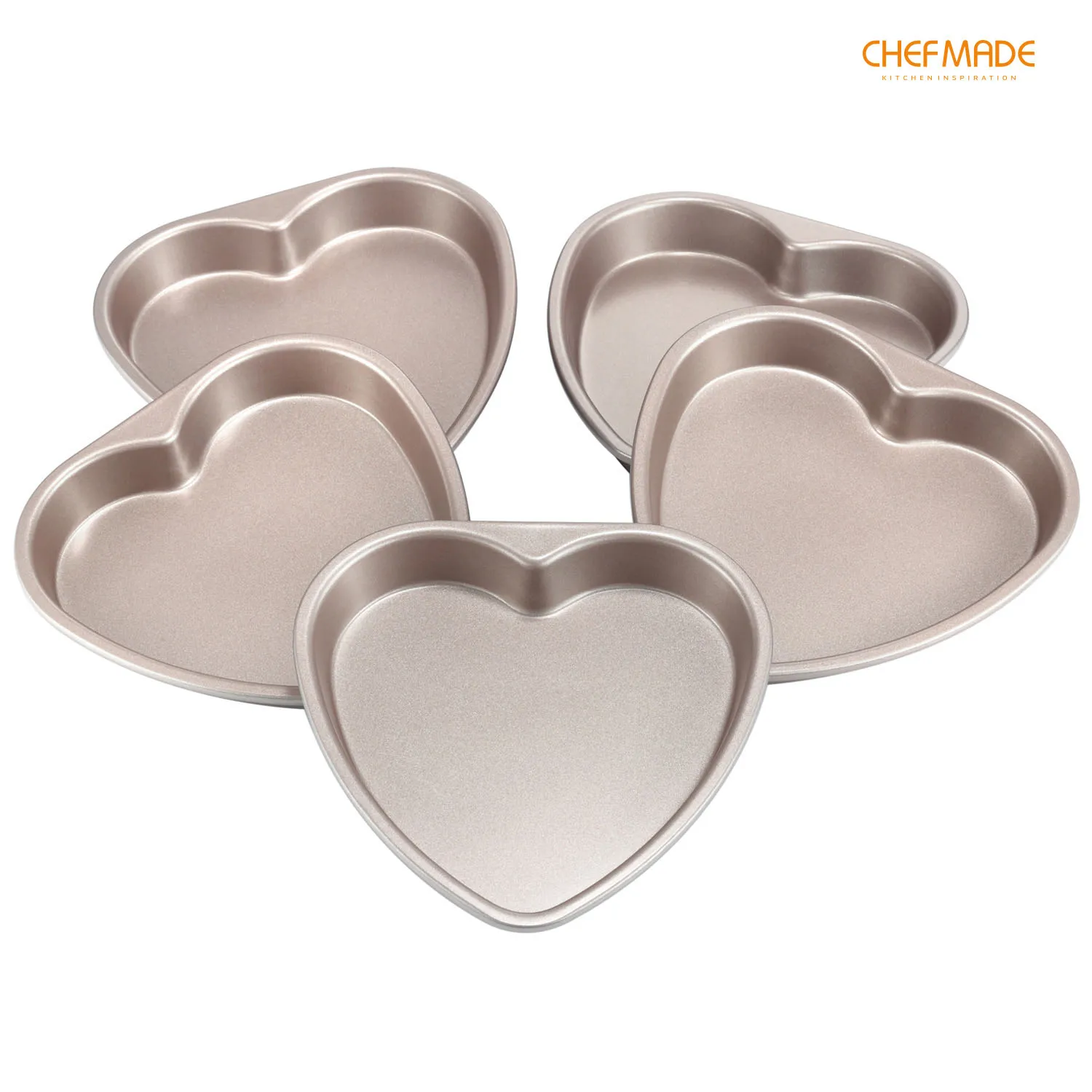 

CHEFMADE 6-inch Heart-Shaped Layers Cake Mold Set, 5Pcs Non-Stick Rainbow Cake Pan, FDA Approved for Kitchen Oven Baking