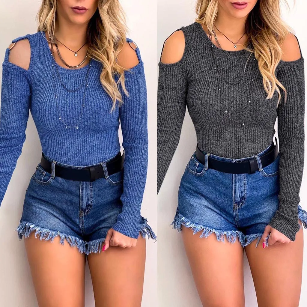 

Lady Knit T-Shirts Sexy Strapless Long Sleeve Women's Bandage Shirt Pullvoer Top Autumn Harajuku Female Blusas camiseta mujer