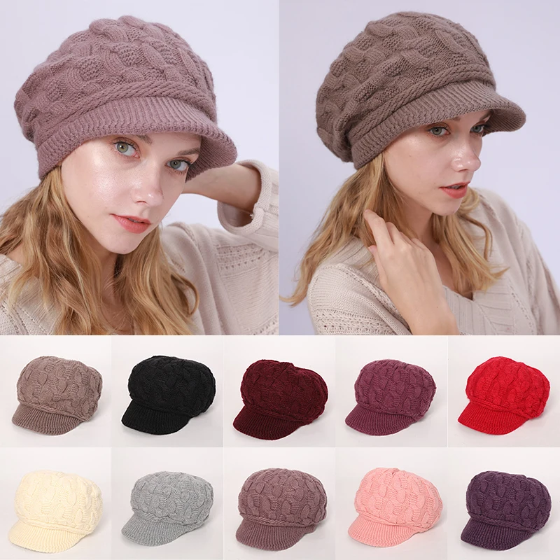 Women Winter Twist Knitted Hat Soft Velvet Thick Warm Beret Flat Brim Visor Ski Cap Elegant Ladies Solid Color Caps | Аксессуары для