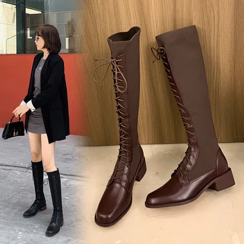 

2020 Quality Knee High Boots For Women Genuine Leather knitting Autumn Winter Thick Heels Shoes Woman Night Club Slim Long Shoes
