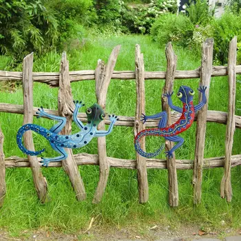 

2pcs Kids Gifts Statue Fence Craft Handmade Outdoor Sculpture Small Metal Gecko Art Lizard Home Garden Yard Wall Decoration
