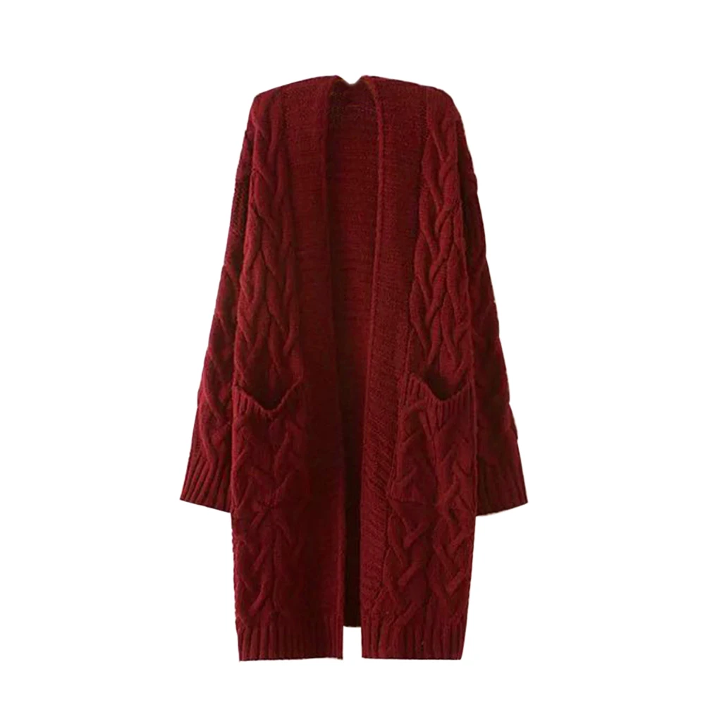 CYSINCOS зимний женский кардиган в Корейском стиле, Свободный вязаный свитер с длинным рукавом, теплое однотонное пальто, женские кардиганы, верхняя одежда - Цвет: wine red