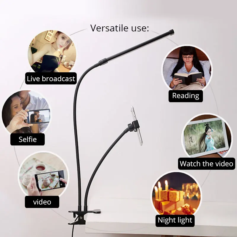  360 Degree Mobile Phone Holder Stand With Selfie LED Light for Live Stream Long Arm Bracket Desk La