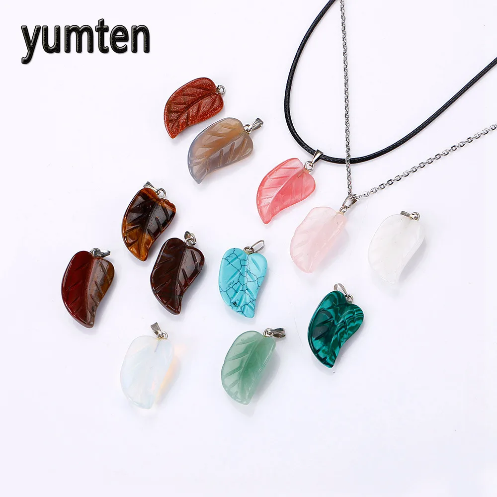 

Nature Stone Maple Leaf Leaves Pendant Crystals Necklace Charms Jewerly Women Talismans Chakra Joya Opal Jade Malachite