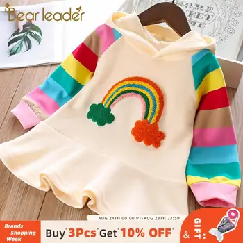 

Bear Leader Girls Party Dress New Brand Princess Dress Knitted Rainbow Colorful Kids Girl Dresses Sweet Hooded Children Clothing