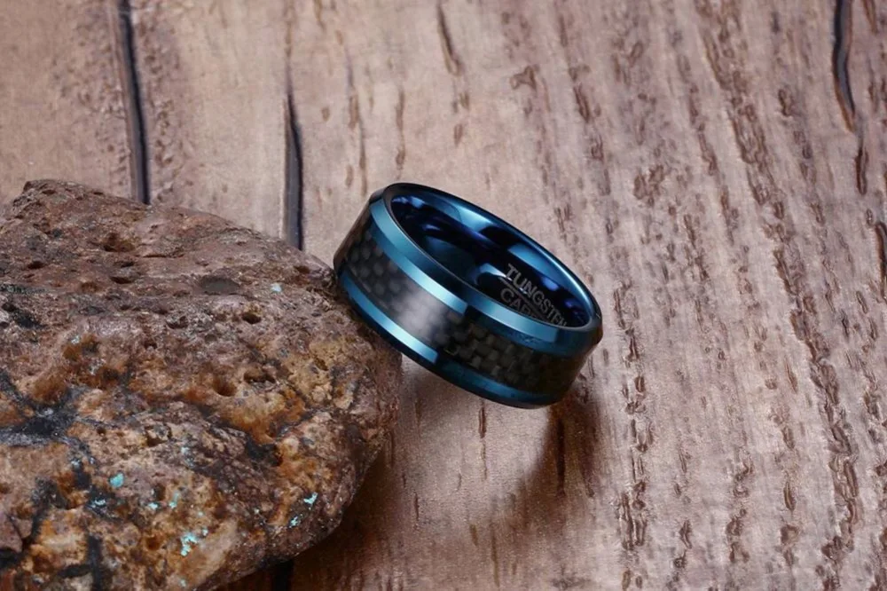 Mens Blue Tungsten Carbide Ring Men 8MM Tungsten Carbide Blue Plated Matte Black Carbon Fiber Brushed Beveled Edges Rings Jewelry 110