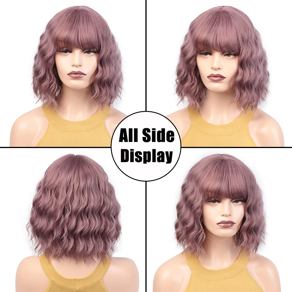 Billige Synthetische Kurzen Rosa Perücke mit Pony Lolita Perücken für Frauen Cosplay Wasser Welle Lila Braun Grau Perücke von Doris schönheit