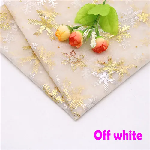 150cmx100cm Colorful Snowflake Soft Tulle Fabric Princess Dress Glitter Fabric New Year Organza Printed Bronzing Fabric Off white