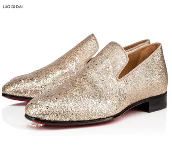 

2019 New fashion men dress shoes men party shoes male business flats gold sequin loafers slip on Smoking shoes wedding flats