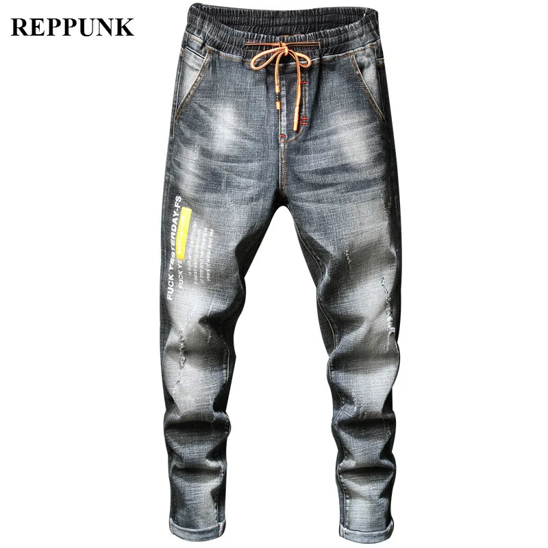 REPPUNK новые мужские стильные рваные джинсы черные эластичные модные джинсы с буквенным принтом классические брюки мужские брюки из денима