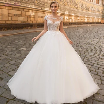 

Julia Kui Chic Silky Tulle Unique Lace A-Line Wedding Dress With O-Neck Backless Court Train Bride Gowns For Wedding Occasion