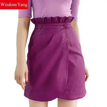

Autumn Sheep Skin Genuine Leather Skirts Womens High Waist Black Purple Skirts Wrap Sexy Ladies Sexy Bow Moto Wrap Bike Clothes