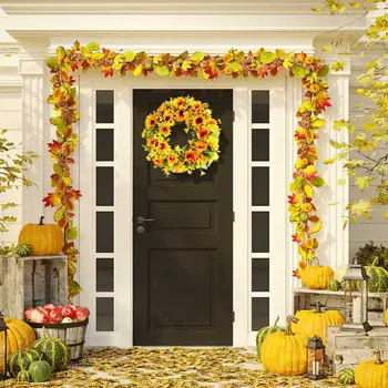 

16in Artificial Sunflower Summer Wreath Decorative Fake Flower Wreath With Green Leaves For Front Door Wall Hanging