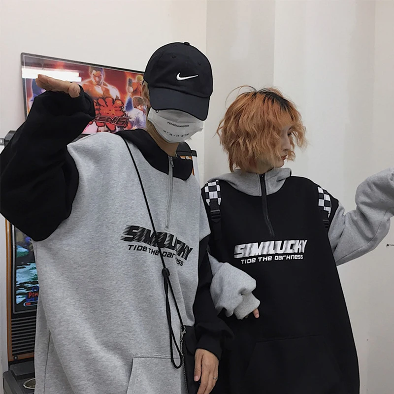 

new Winter letter print splice Long sleeve hoodies men 2019 Harajuku Brief oversized Couple sweatshirt hip hop Japan streetwear