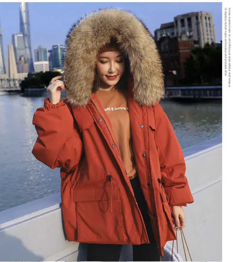 New Down Jacket Women Loose Short Waist Hooded Large Fur Collar Pie To Overcome Thickened Ladies Jacket Tide Clothing