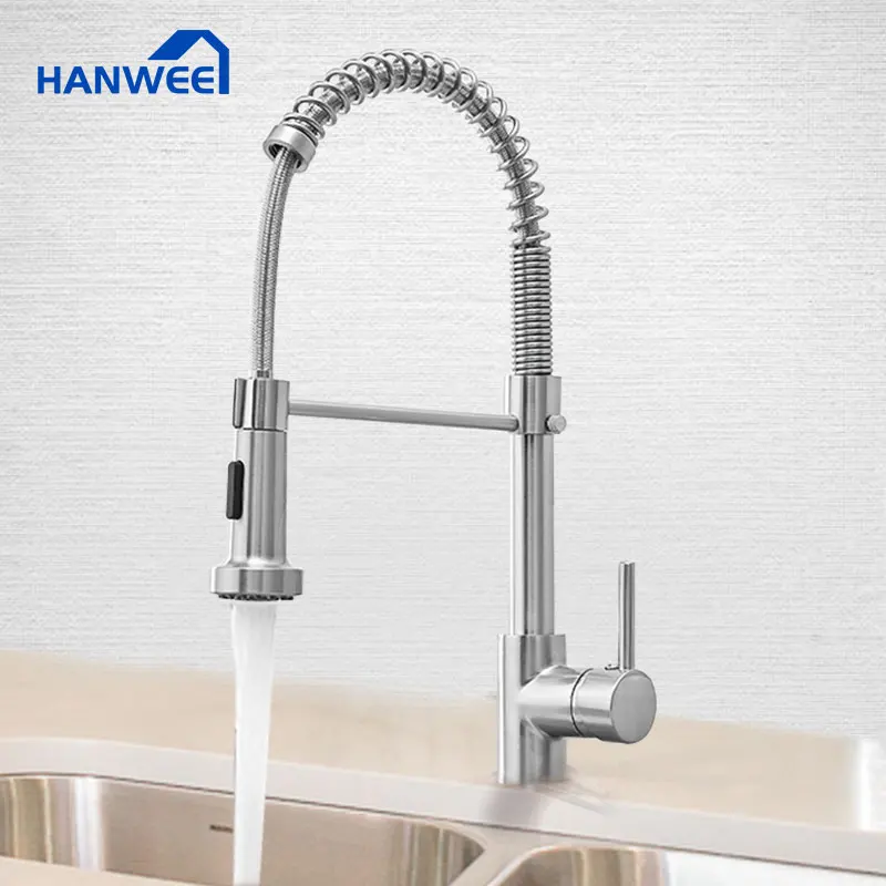 

Hanwee Spring Kitchen sink Faucets Brass Basin Faucet Single Handle Pull Out Mixer Tap 360 Rotation Hot Cold Taps Water Crane