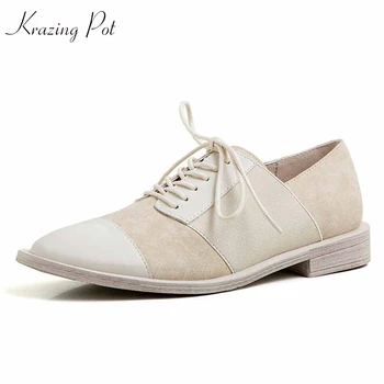 

Krazing pot solid preppy style genuine leather leisure round toe thick low heels lace up rivets women fashion oxfords shoes L80