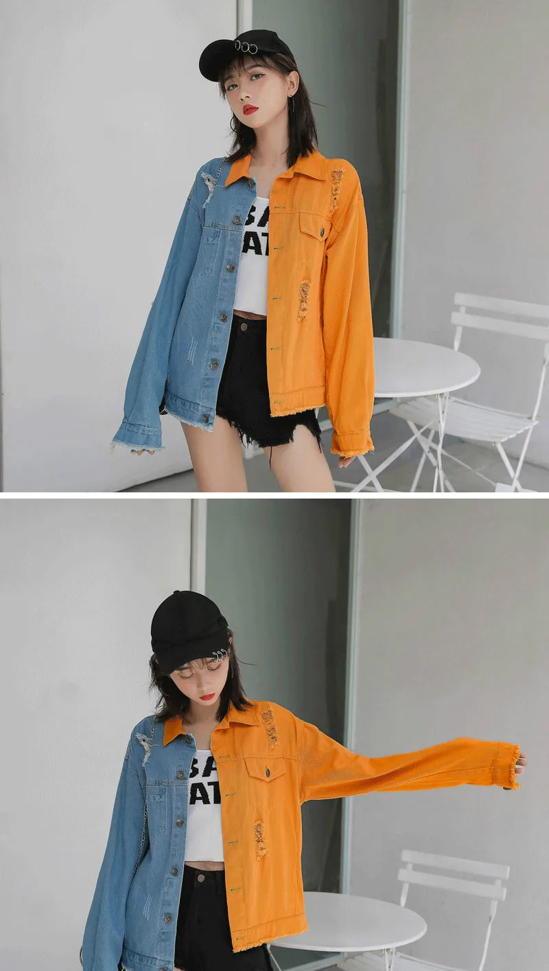 Neploe Новая цветная Лоскутная джинсовая куртка для женщин осень зима корейский Свободный Bf отверстие Chaqueta Mujer пальто с длинными рукавами 46731