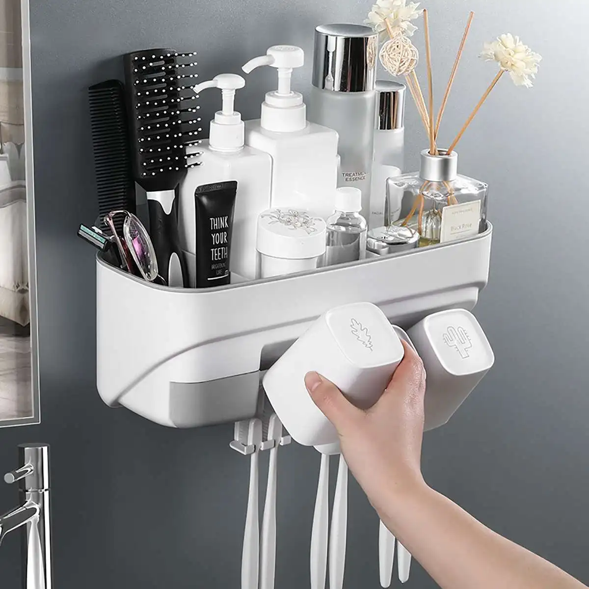Toothbrush Toothbrush Holder Toothpaste Shaver Shelf Storage Rack Bathroom Washroom Accessories Set Wall Squeezer Family Set
