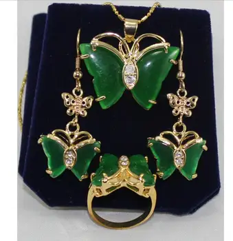 

Free Shipping beautiful green jades Butterfly earrings pendant ring size 7 8 9 #