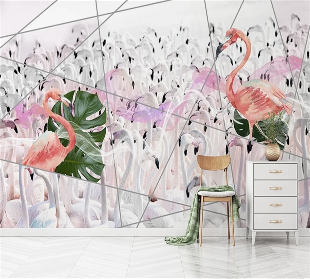 

Custom 3D wallpaper mural Nordic geometric watercolor hand-painted flamingo turtle back leaves background wall