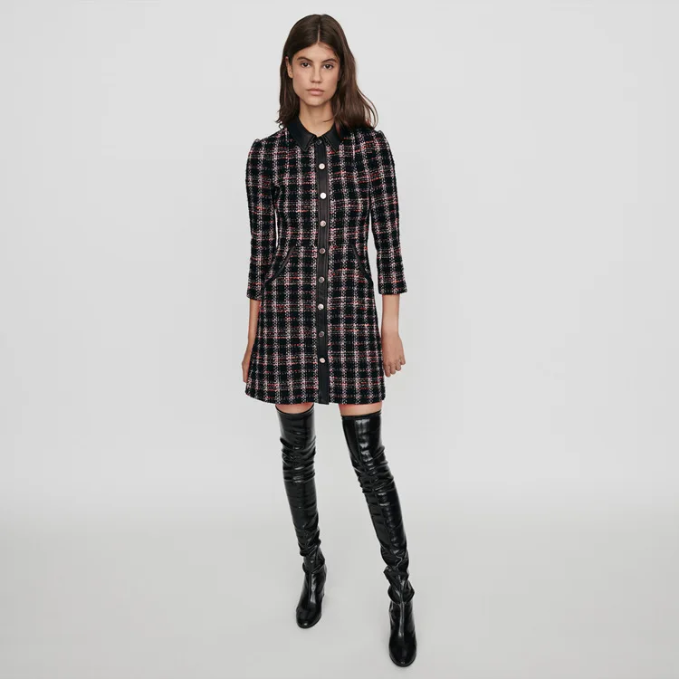 

New 2020 Spring Autumn and Winter Lapel Tweed Trellis Slim Celebrity Short Dress Elegant Mini Black Splicing Pu Turn Down Collar