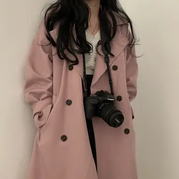 

Women's long outerwear loose overcoat with belt 2020 new arrival pink chic women casual trench coat fashion windbreaker femme