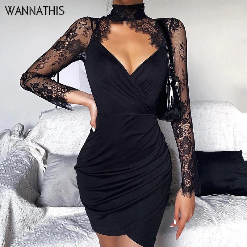 

WannaThis Black V-Neck Patchwork Lace Long Sleeve Bodycon Dress Slim Asymmetry Hem Women Ruched Autumn New Elegant Party Dresses