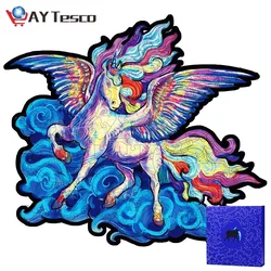 Tudo o Mais Recente Estilo Puzzle De Madeira Animais Unicórnio игрушки presente Brinquedo Das Crianças de Forma Irregular Padrão Adulto Caixa de Presente Crianças Presentes